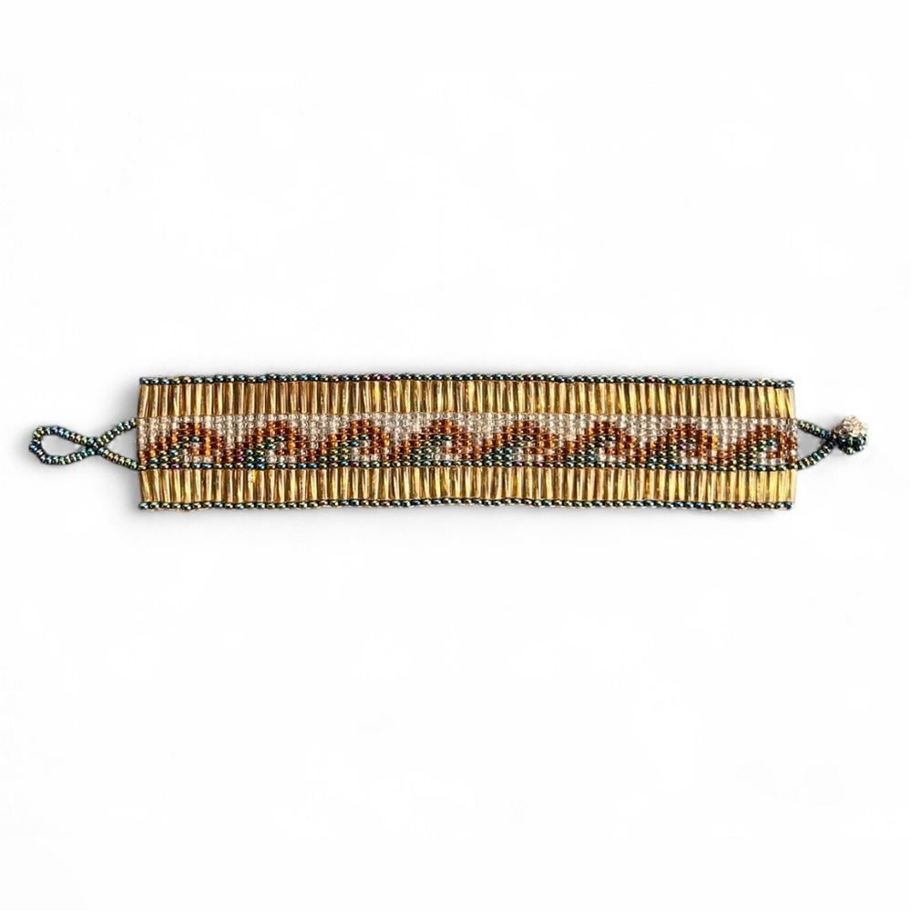 Vintage Loom Beaded Wrap Bracelet - Green and Gold Waves